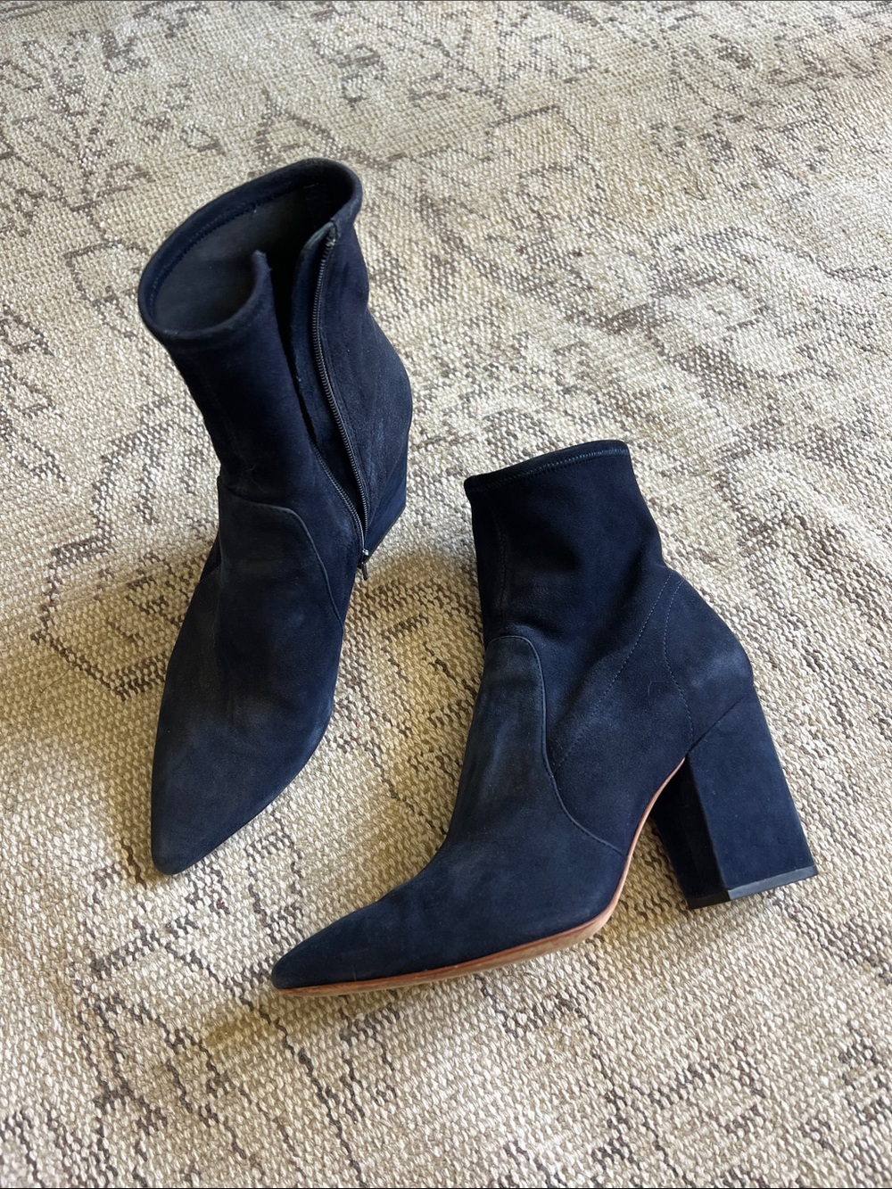 Loeffler Randall Isla Navy Suede Pointed-Toe Block Heel Ankle Boots